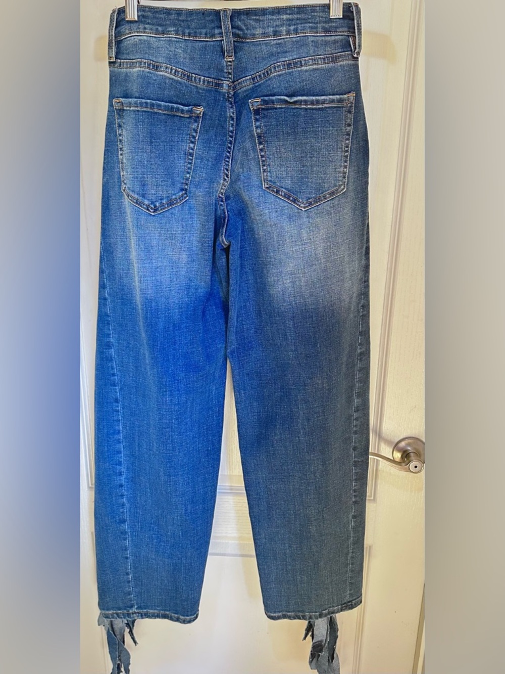 Upcycled High-Rise Blue fringe Ruffle-Trim barrel Jeans size S - Picture 7 of 7